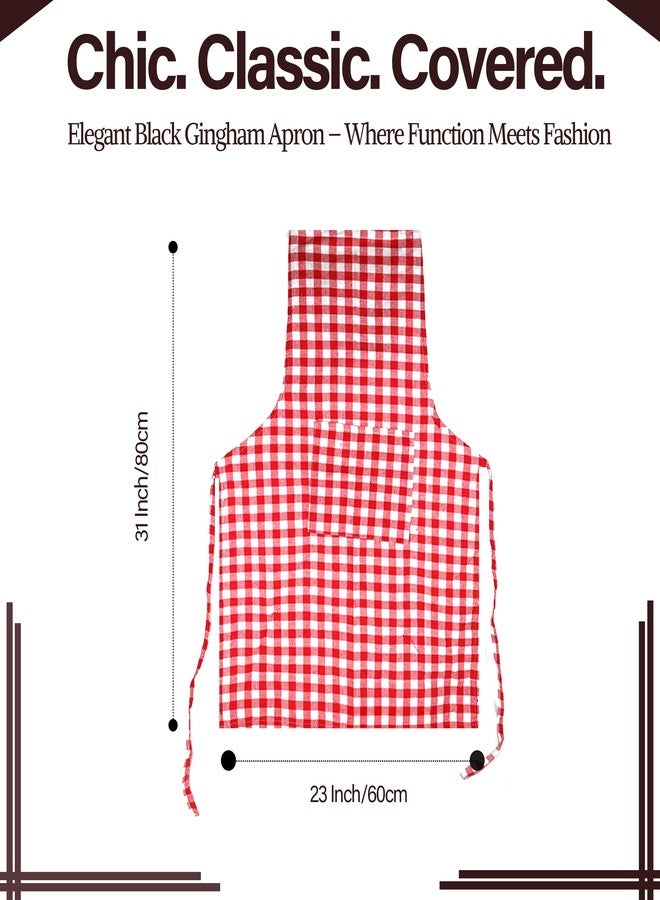 Linensutra Unisex Kitchen Checkered Cotton Apron with Gingham Pattern Front Pocket and Adjustable Waist Ties, Red and Black Pack of 2 - Image 4